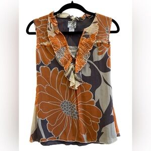 Anthro Tabitha Silk Floral Ruffle Blouse Top Orange Brown Size 4 Boho Romantic